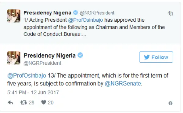 Acting President Osinbajo Appoints Chairman & Members For Code Of Conduct Bureau